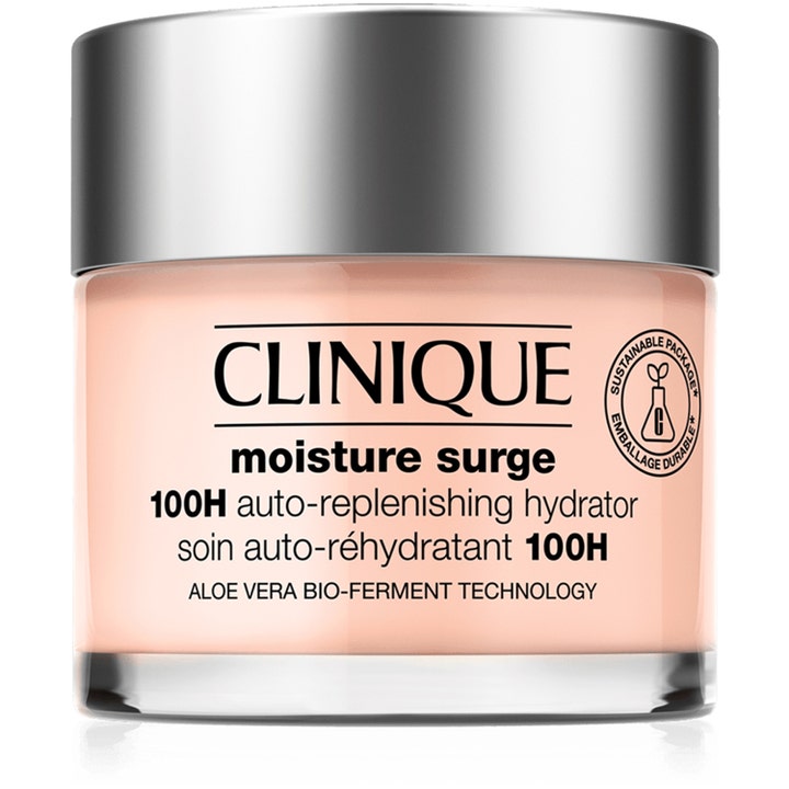 Clinique Moisture Surge 100H fugtgivende ansigtscreme i glaskrukke med ferskenfarvet gelcreme og et mat sølvlåg