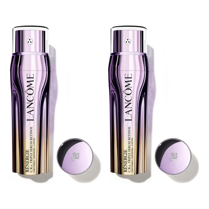 Lancôme Rénergie C.R.X. Triple Serum Retinol duo anti-age serum i to lilla og guld metalliske flasker med triple dispenser.