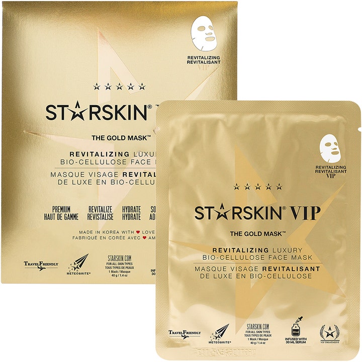 Starskin The Gold Mask 40 g revitaliserende sheet mask i luksuriøs guldemballage med VIP-logo.