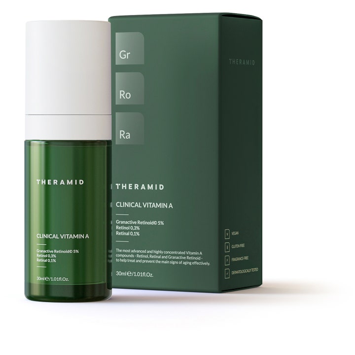 Niche Beauty Lab Theramid Clinical Vitamin A 30 ml serum mod aldringstegn i mørkegrøn flaske og æske