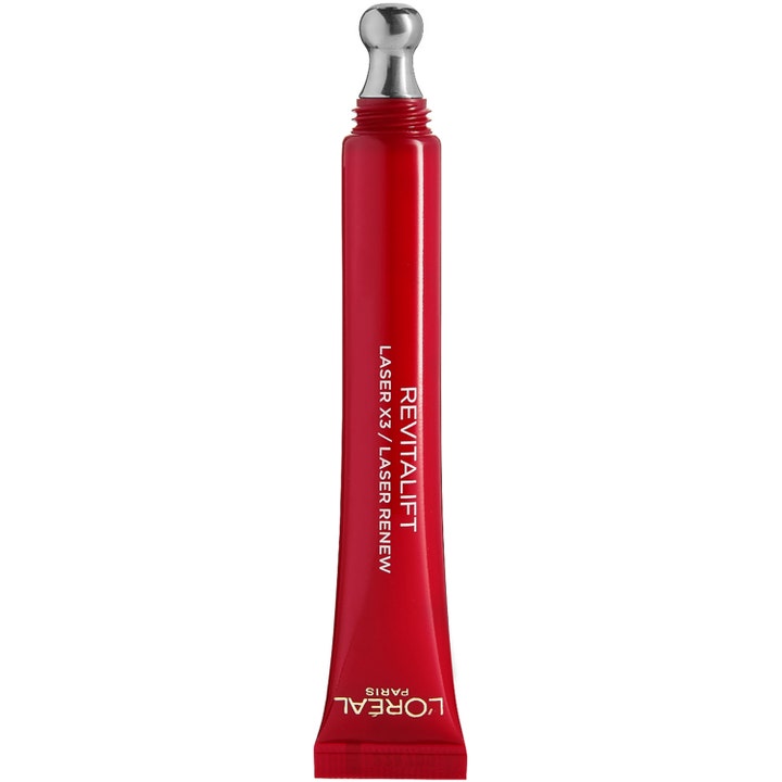L'Oréal Paris Revitalift Laser Eye Cream 15 ml opstrammende øjencreme i rød tube med kølende metalapplikator.
