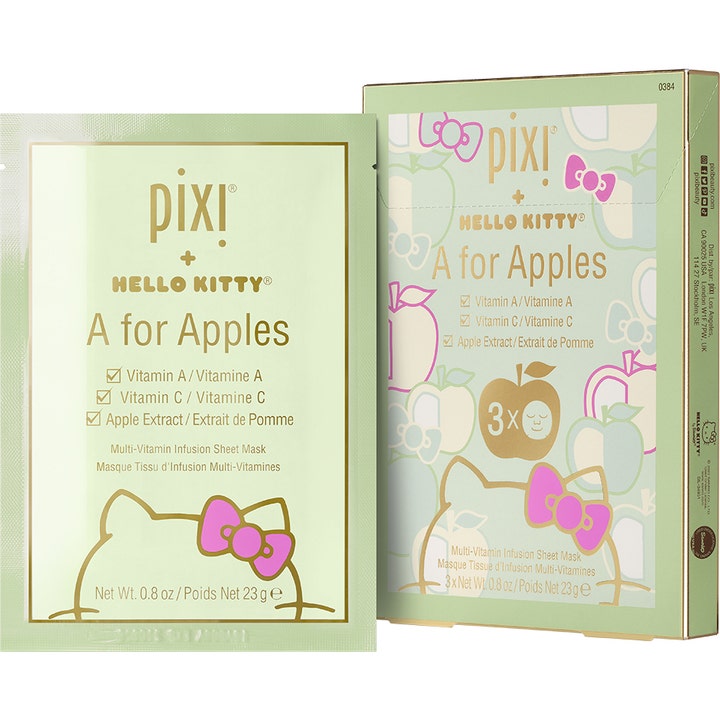 Pixi Pixi + Hello Kitty A for Apples 3 x 23g vitaminberiget sheet-maske i lysegrøn æske med Hello Kitty-motiv.