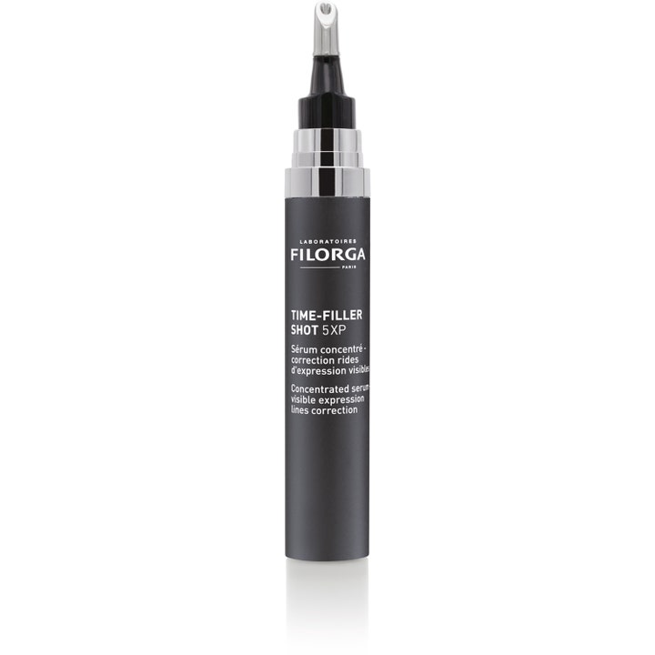 Filorga Time-Filler Shot 5XP 15 ml rynkekorrigerende serum i slank sort tube med præcis sølvmetalapplikator