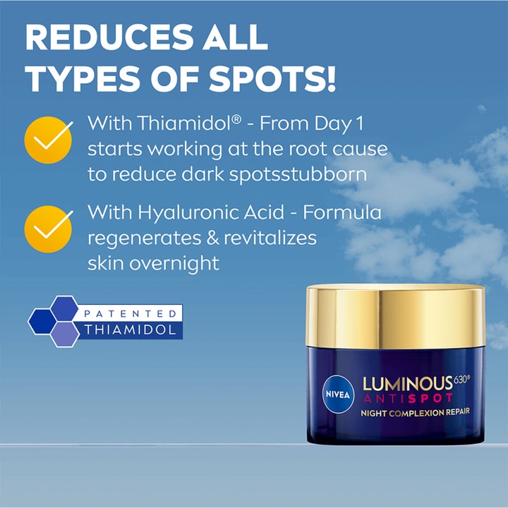NIVEA Luminous630 Anti Dark-Spot Night Cream 50 ml natcreme mod pigmentpletter i blå krukke med flot guldlåg.