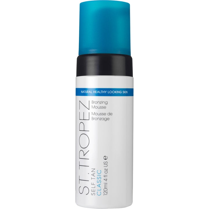 St. Tropez Self Tan Classic Bronzing Mousse 120ml selvbruner i hvid plastflaske med blåt gennemsigtigt låg.