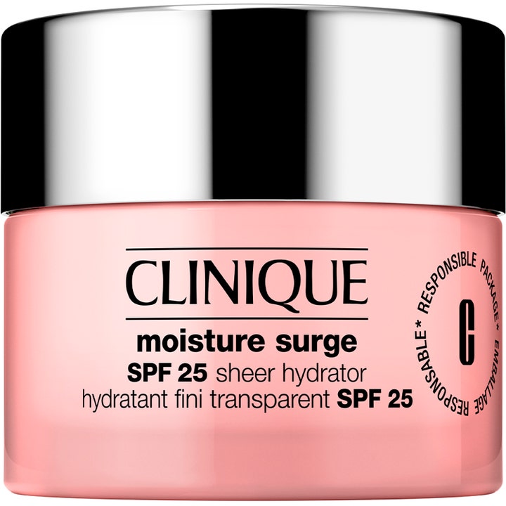 Clinique Moisture Surge SPF 25 Sheer Hydrator fugtgivende dagcreme i lyserød krukke med skinnende sølvlåg.