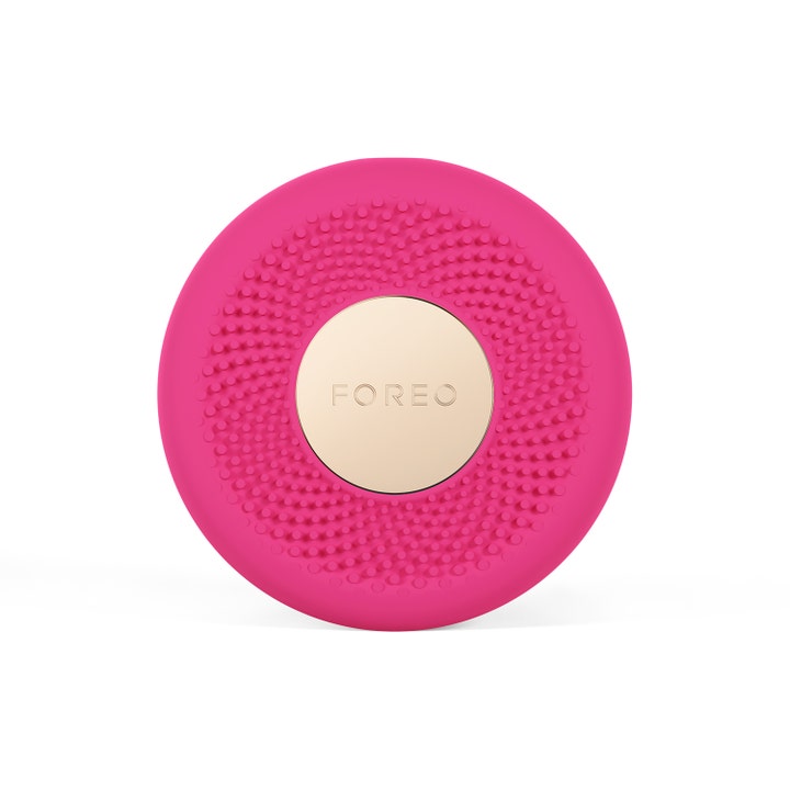 FOREO UFO 3 LED Pink 1 stk. hudplejeenhed der giver glød i pink silikone med knopper og guldcenter
