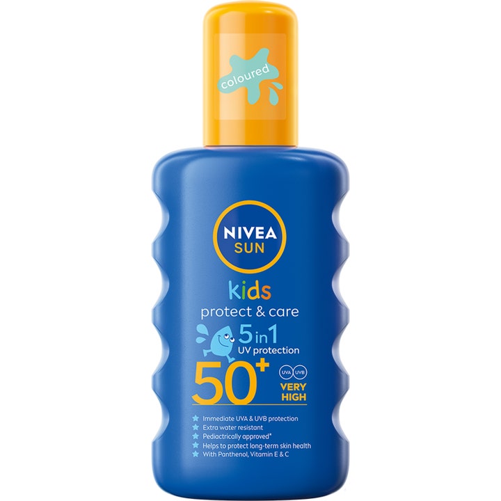 Nivea Sun Kids Protect & Care SPF 50+ solcreme i blå sprayflaske med gult låg og ergonomisk greb.