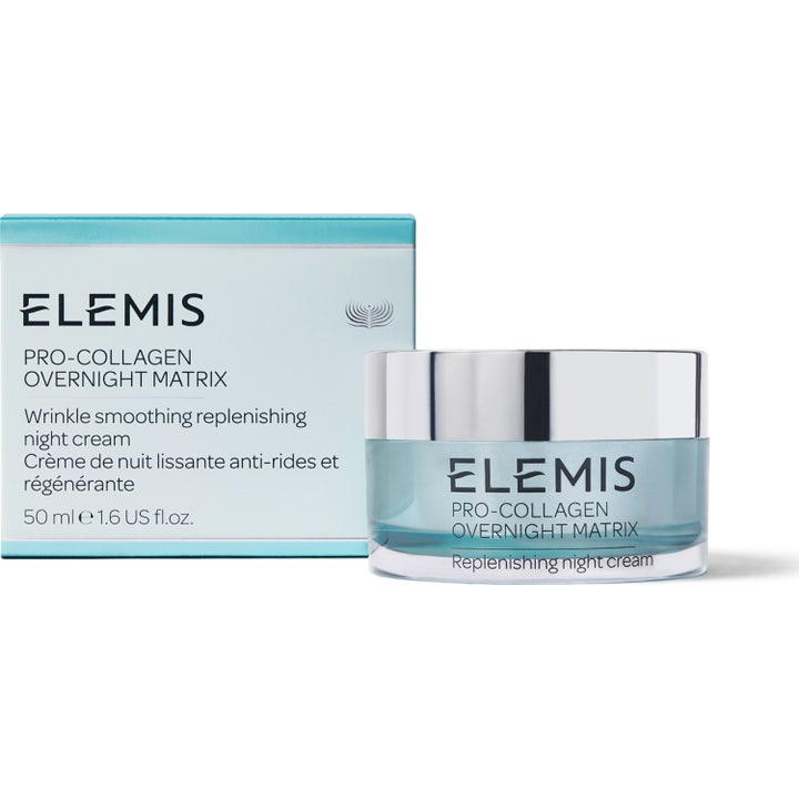 Elemis Pro-Collagen Overnight Matrix 50 ml udglattende natcreme i lyseblå glaskrukke med sølvlåg og æske.
