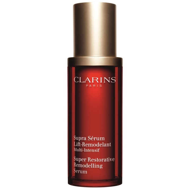 Clarins Supra Serum Lift-Remodelant opstrammende ansigtsserum i rød glasflaske med en mat guldhætte