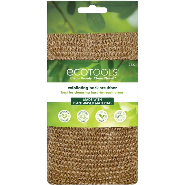 EcoTools Exfoliating Back Scrubber 1 stk rygskrubber i grov beige vævning med grøn emballage der eksfolierer huden