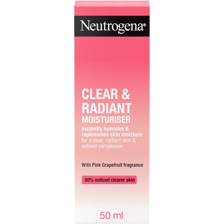 Neutrogena Clear & Radiant Moisturiser 50 ml fugtgivende ansigtscreme der giver klar hud i lyserød gradient emballage.