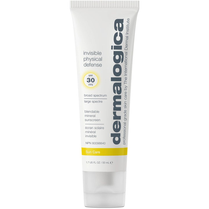 Dermalogica Invisible Physical Defense 50 ml beskyttende ansigtssolcreme i hvid tube med gul detalje og grå tekst