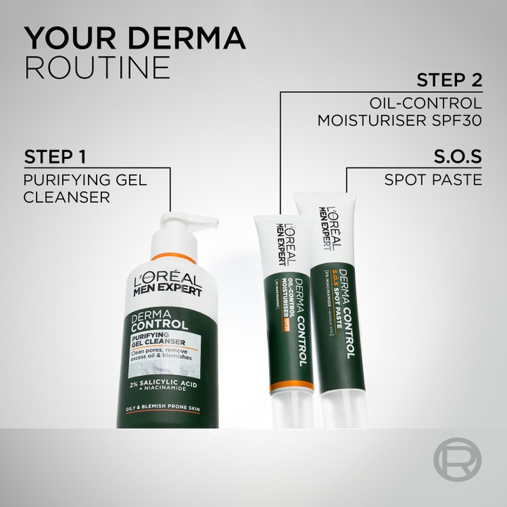 L'Oréal Paris Men Expert Derma Control S.O.S Spot Paste 45 ml spot treatment mod urenheder vist i en 3-trins rutine.