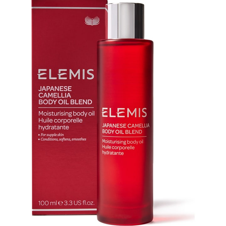 Elemis Japanese Camellia Body Oil Blend 100 ml fugtgivende kropsolie i rød flaske med sølvlåg og rød æske.
