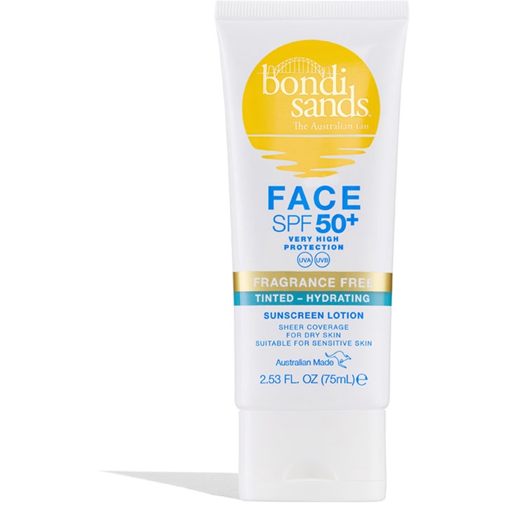 Bondi Sands Face SPF 50+ Sunscreen Lotion 75ml fugtgivende solcreme i hvid tube med gult sollogo og hvidt skruelåg.