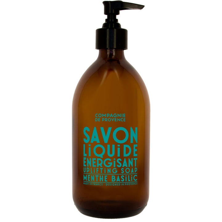 Compagnie de Provence Savon Liquide Menthe Basilic opkvikkende flydende sæbe i brun glasflaske med sort pumpe