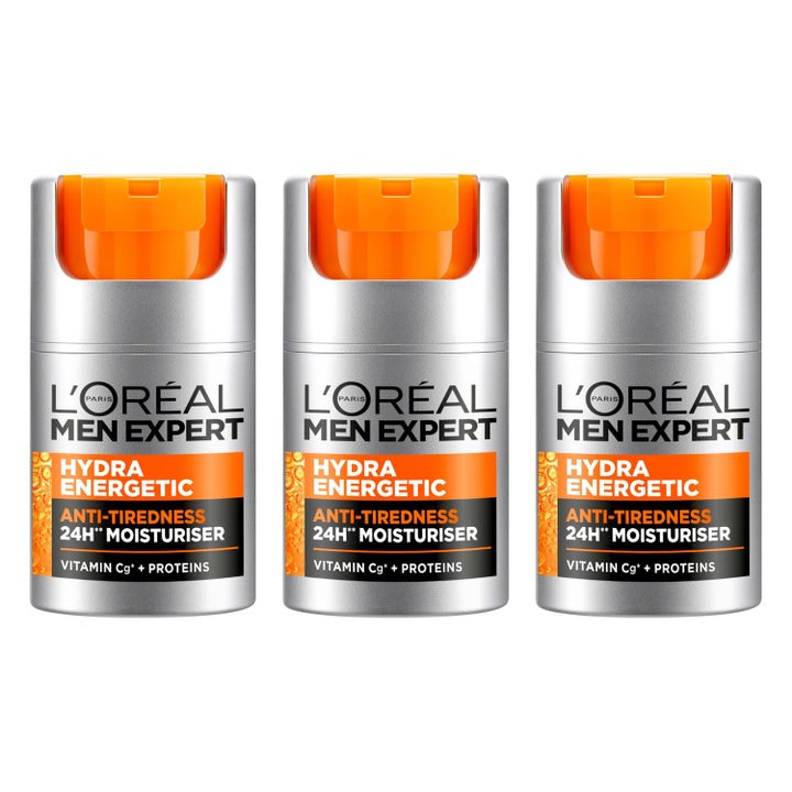 L'Oréal Men Expert Hydra Energetic 3-pak opfriskende ansigtscreme mod træthedstegn i tre sølvfarvede pumpeflasker