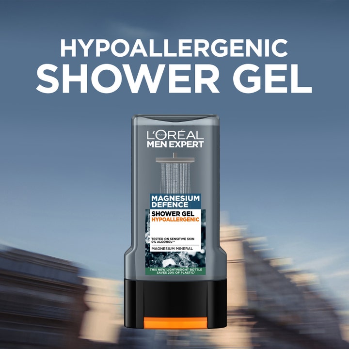 L'Oréal Paris Men Expert Magnesium Defence 300 ml showergel til sensitiv hud i grå flaske med sort låg.