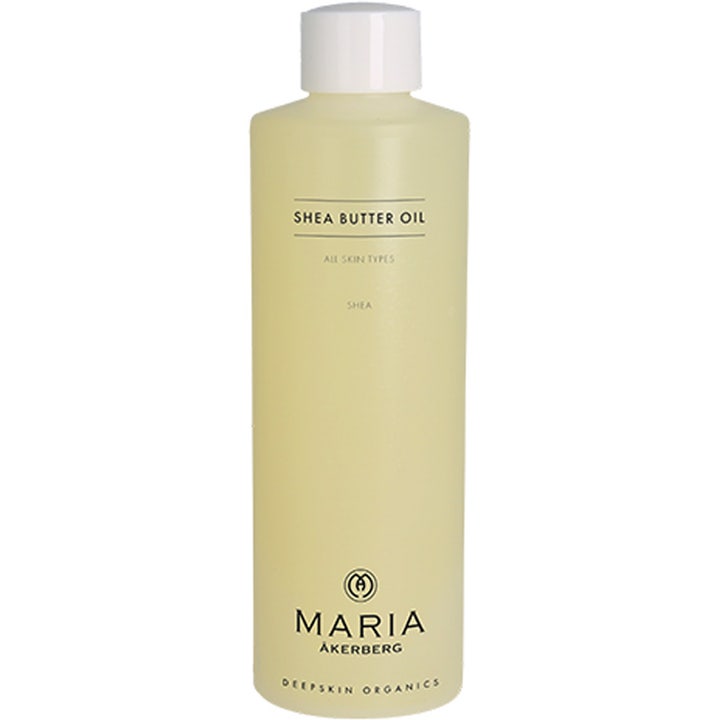 Maria Åkerberg Shea Butter Oil 250 ml blødgørende kropsolie i gennemsigtig plastflaske med hvidt skruelåg