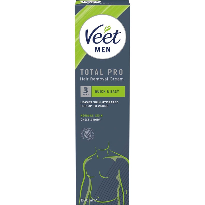 Veet Men Total Pro Hair Removal Cream 200 ml fugtgivende hårfjerningscreme i grå papæske med grøn figurillustration
