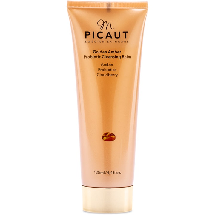 M. Picaut Golden Amber Probiotic Cleansing Balm 125 ml rensende balm med rav og probiotika i gylden tube med guldhætte