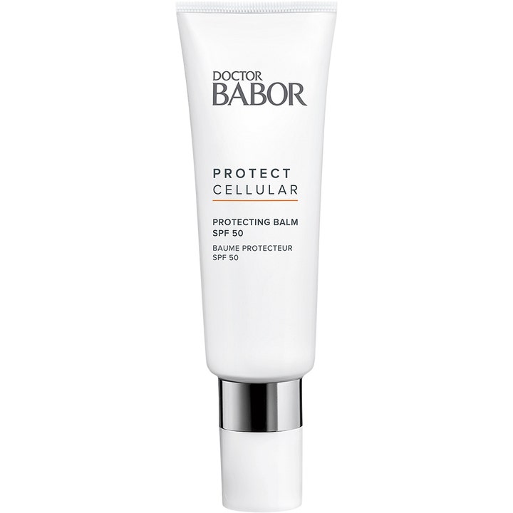 Doctor Babor Protect Cellular Protecting Balm SPF 50 beskyttende ansigtscreme i en hvid tube med sølvring
