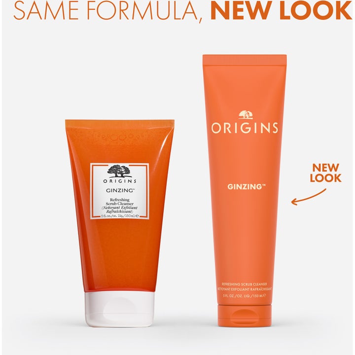 Origins GinZing Refreshing Scrub Cleanser 150 ml ansigtsskrub i gammel og ny orange tube med teksten New Look