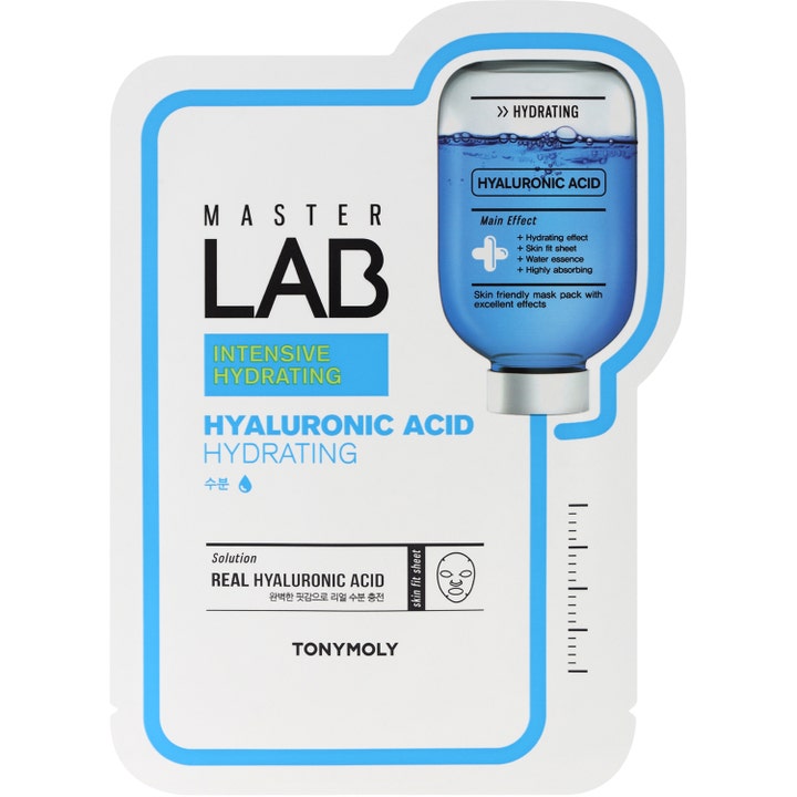 TonyMoly Master Lab Hyaluronic Acid 19 ml fugtgivende sheet maske i hvid emballage med blå grafik af en dropflaske