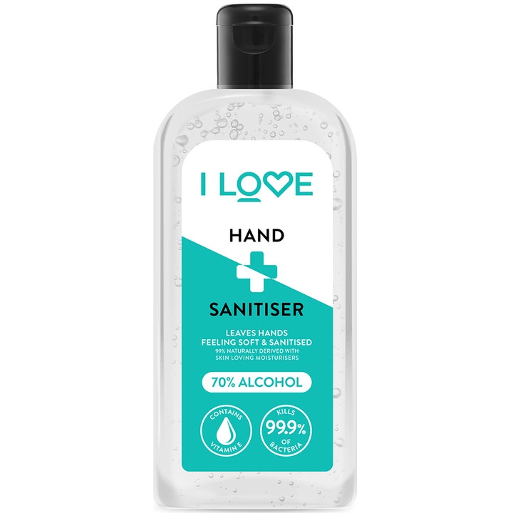 I LOVE Hand Sanitiser 70% alkohol antibakteriel håndsprit med vitamin E i gennemsigtig flaske med sort låg