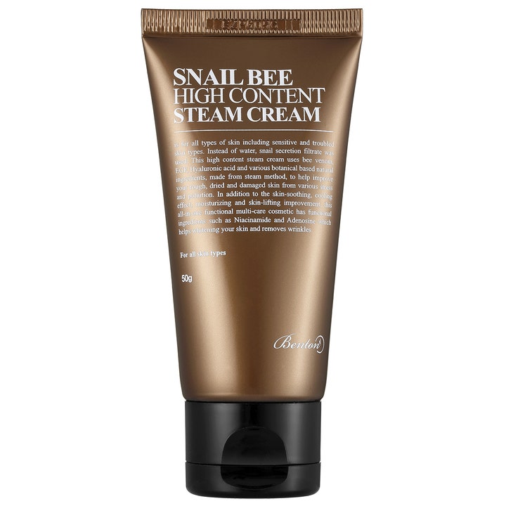 Benton Snail Bee High Content Steam Cream 50g beroligende ansigtscreme i en brun tube med sort låg