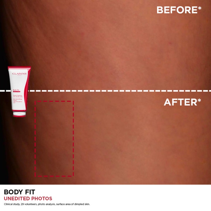Clarins Body Fit Active 200 ml body lotion viser før og efter-billeder af hudens tekstur ved siden af tuben