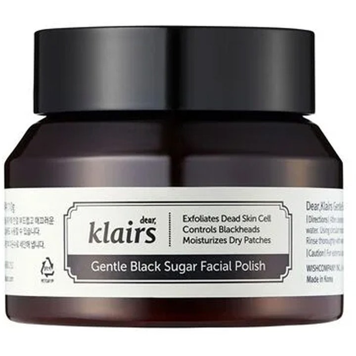 Dear Klairs Gentle Black Sugar Facial Polish 110g eksfolierende ansigtsscrub i mørkebrun krukke med sort låg