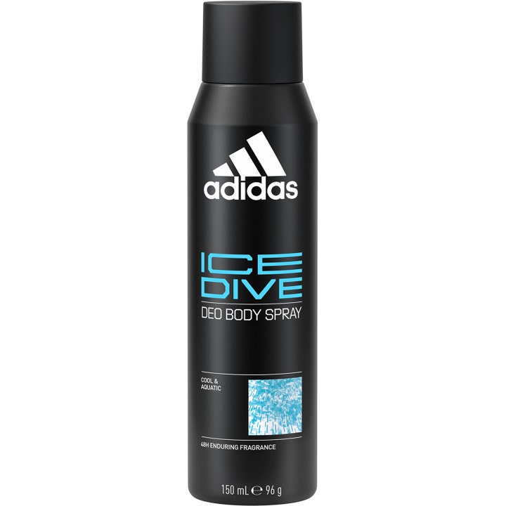 Adidas Ice Dive 150 ml deo body spray giver kølende friskhed i en sort sprayflaske med lyseblå tekst og hvidt logo