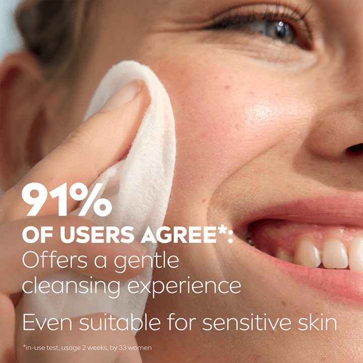 NIVEA Naturally Good Wipes 25 stk renseservietter til ansigtet viser skånsom rens på hud og tekst 91% agree