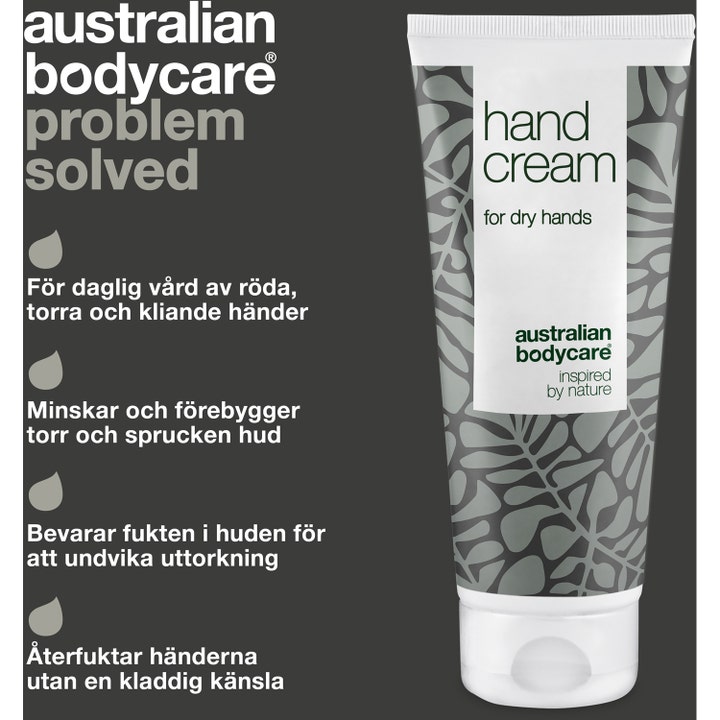 Australian Bodycare Hand Cream 100 ml fugtgivende håndcreme til tørre hænder i hvid tube med gråt bladmønster