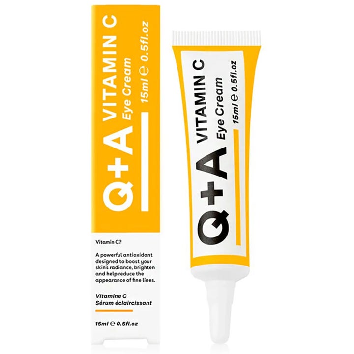 Q+A Vitamin C Eye Cream 15ml lysnende øjencreme i gul og hvid tube med præcisionsspids og matchende æske