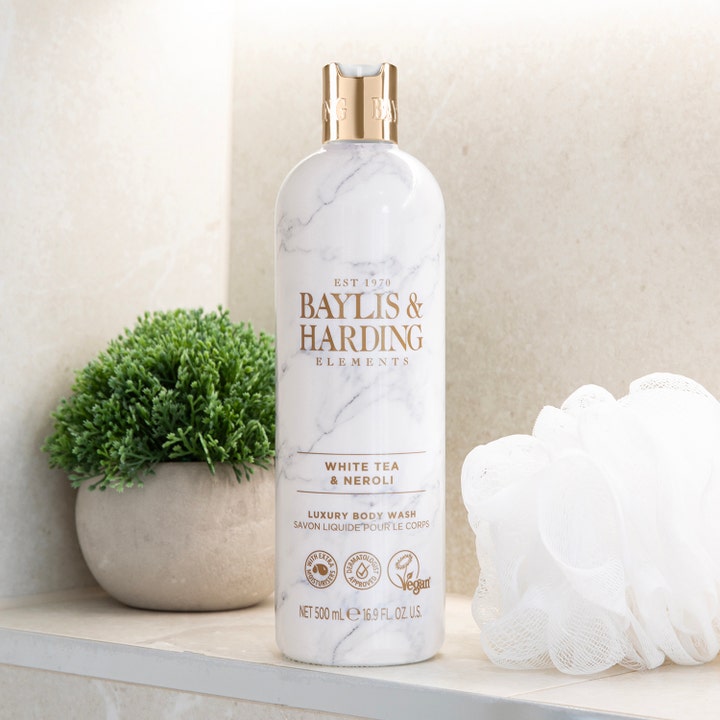 Baylis & Harding Elements Hand Wash 500 ml vegansk kropspleje i hvid marmorflaske med gulddetaljer