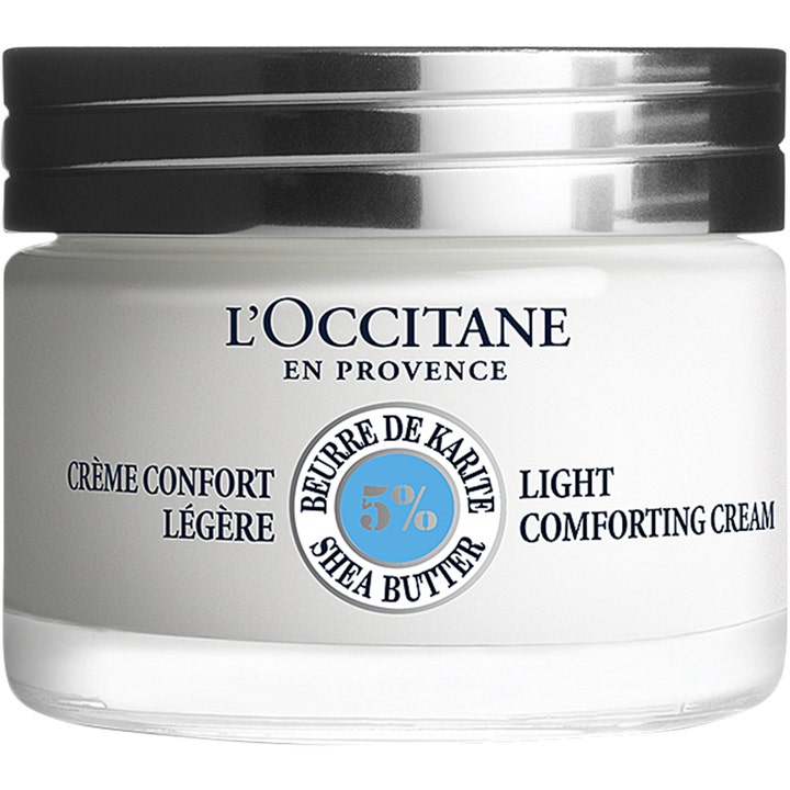 L'Occitane Shea Light Comforting Cream 50 ml fugtgivende ansigtscreme i hvid glaskrukke med sølvlåg