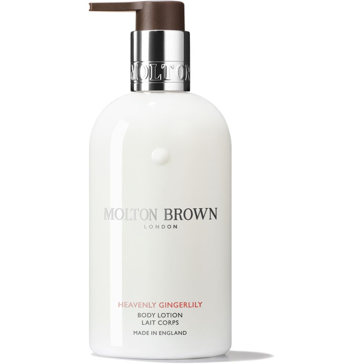 Molton Brown Heavenly Gingerlily Body Lotion 300ml fugtgivende hudpleje i hvid flaske med sølv og brun pumpe