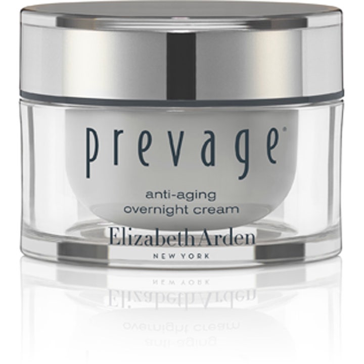 Elizabeth Arden Prevage Anti-aging Overnight Cream natcreme mod rynker i en gennemsigtig krukke med sølvlåg.
