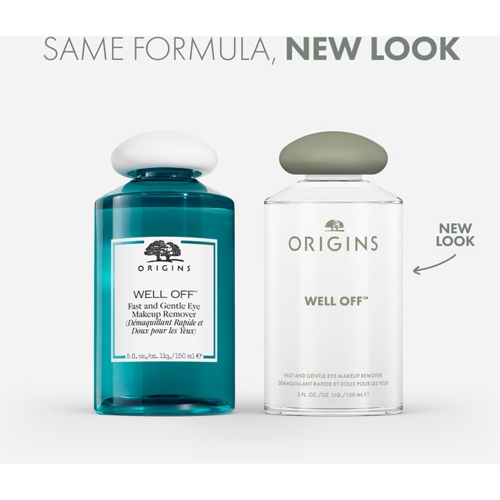Origins Well Off 150 ml øjenmakeupfjerner i ny klar flaske med grønt låg ved siden af gammelt design