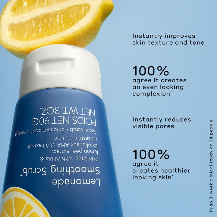 Ole Henriksen Lemonade Smoothing Scrub 90 ml ansigtsskrub i blå tube med citronskive og tekst om jævnere hudtone