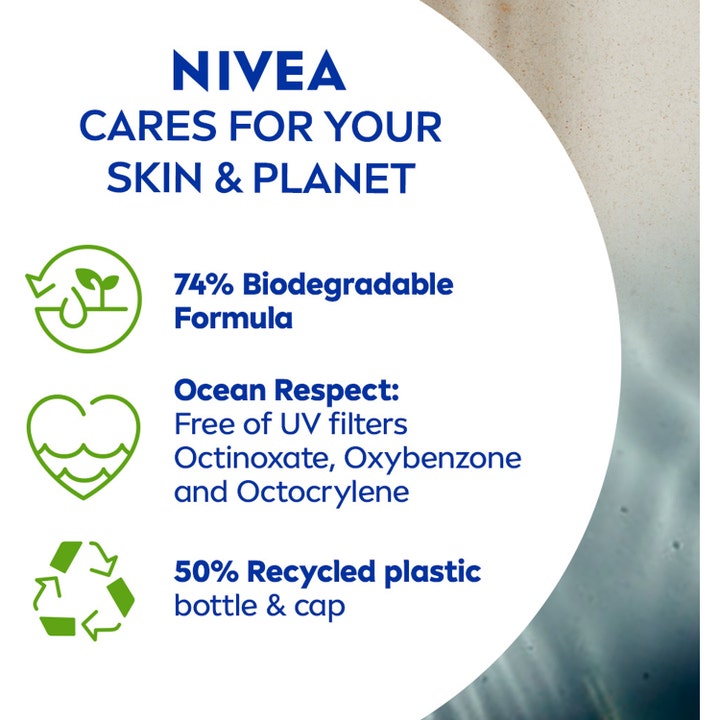 NIVEA Sun UV Face Anti Age Q10 Cream 50 ml solcreme infografik om havvenlig og biologisk nedbrydelig formel