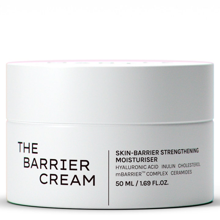 The Barrier Cream 50 ml barriere-styrkende ansigtscreme i en enkel hvid krukke med minimalistisk sort tekst