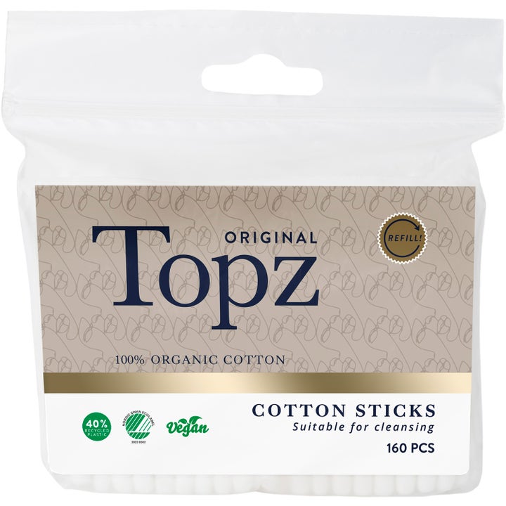 Topz Original 160 stk vatpinde til rensning i hvid genopfyldelig plastpose med beige mønster og grønne logoer