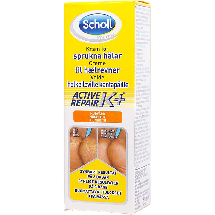 Scholl Active Repair K+ 60 ml fodcreme til hælrevner i gul æske med før og efter billeder af hæle.
