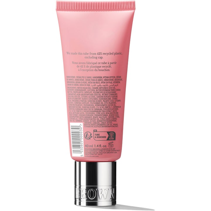 Molton Brown Delicious Rhubarb & Rose Hand Cream 40 ml fugtgivende handcreme bagside af pink tube med ingredienser