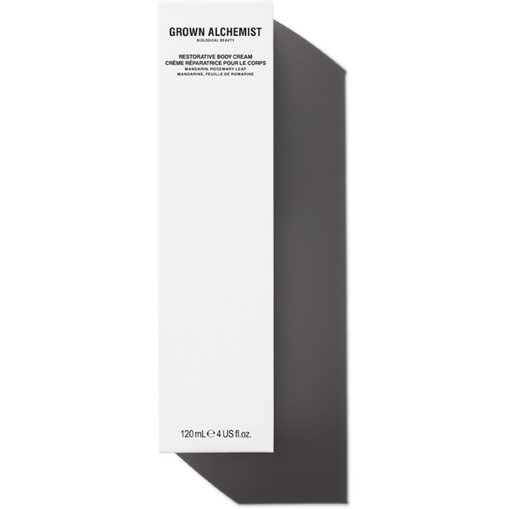 Grown Alchemist Restorative Body Cream 120 ml fugtgivende bodylotion i hvid papæske med mandarin og rosmarin