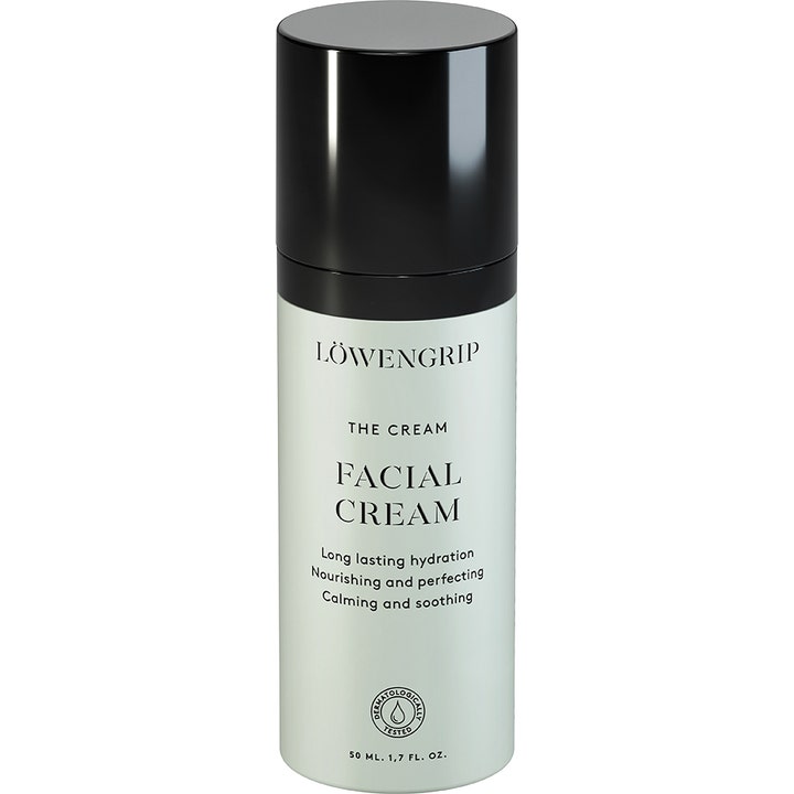 Löwengrip The Cream Facial Cream 50 ml nærende ansigtscreme i lysegrøn cylinderflaske med et blankt sort låg